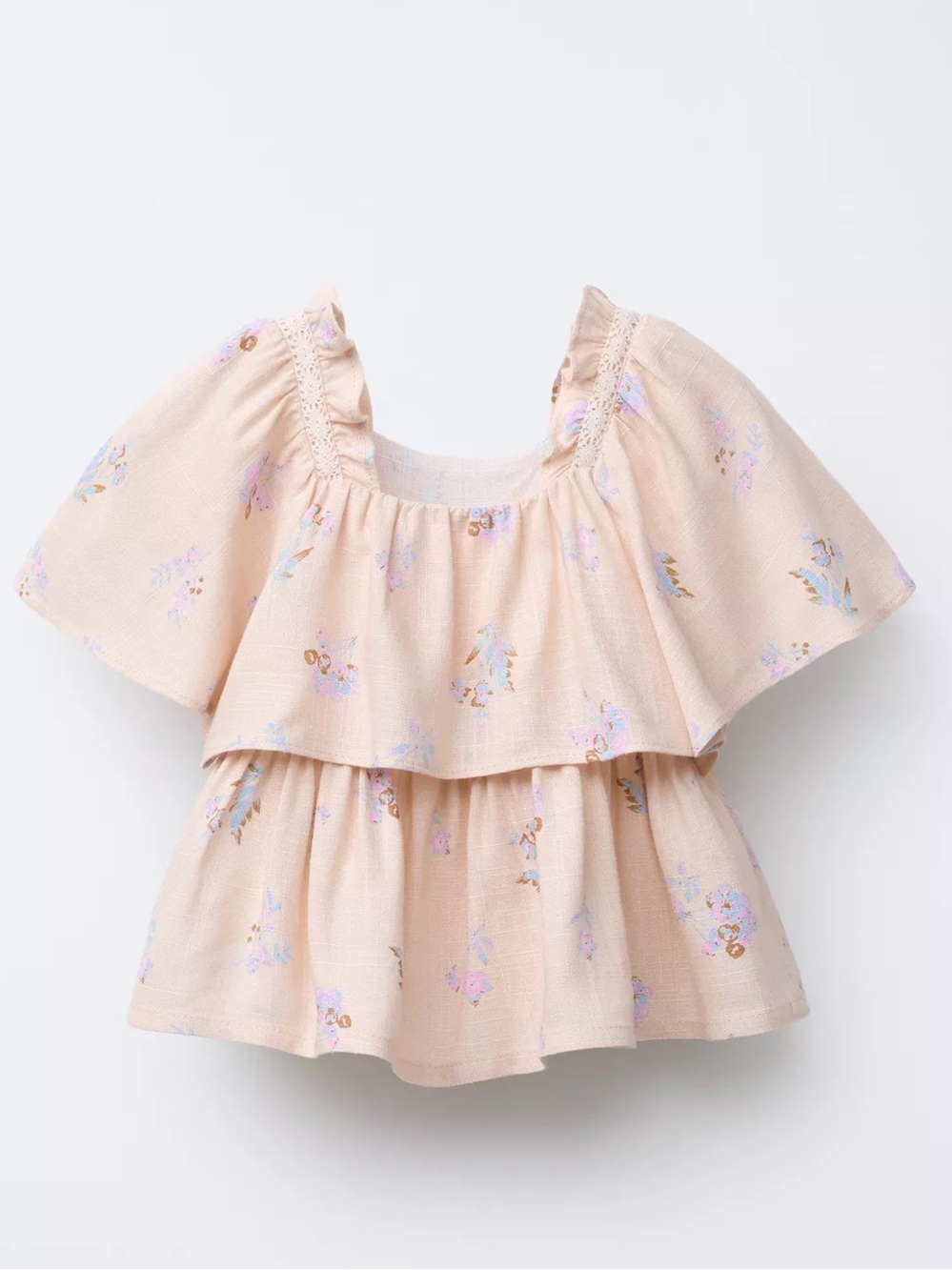 Girls Peach Floral Flutter Sleeve Top